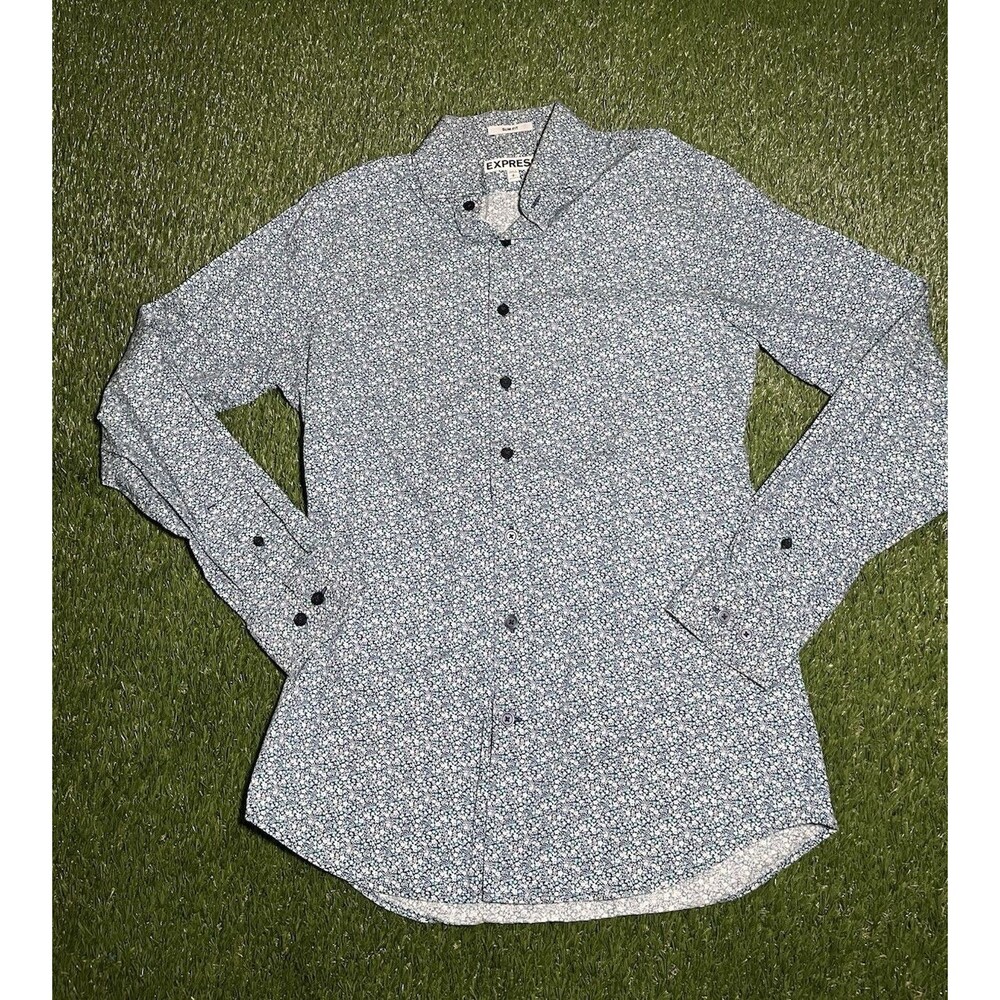Express Men's Regular Fit Cotton Floral Long Sleeve Button-Up Shirt Blue Small